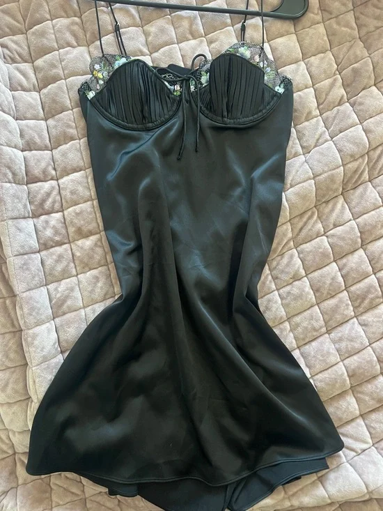 For Love & Lemons Black Satin Slip Dress with Lace Trim - Picture 1 of 3